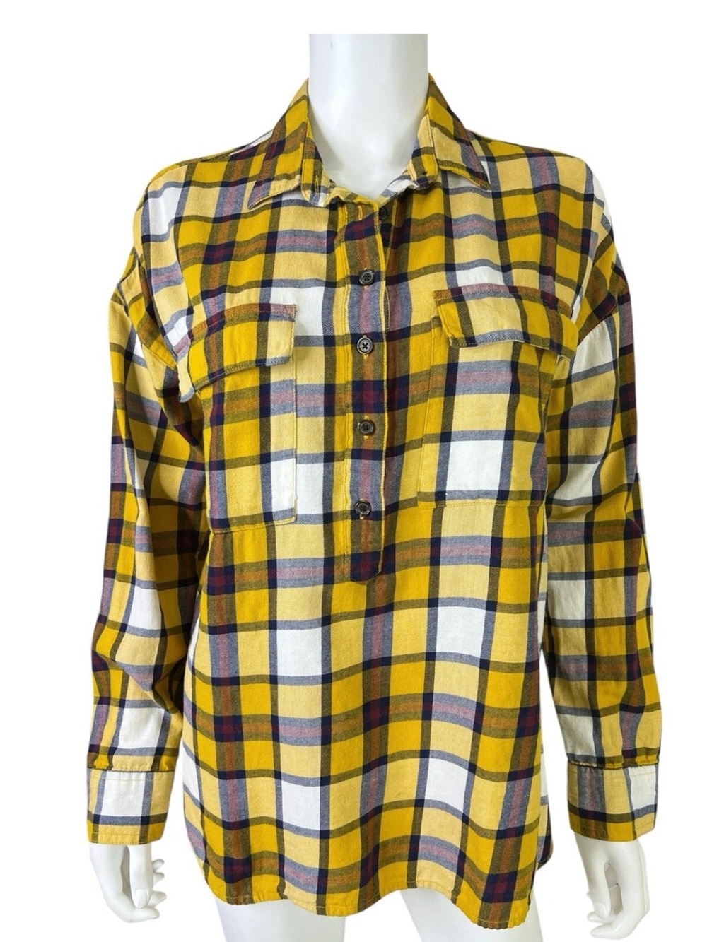 Old Navy Yellow, White & Navy Plaid Boyfriend Button-Down Shirt XL EUC